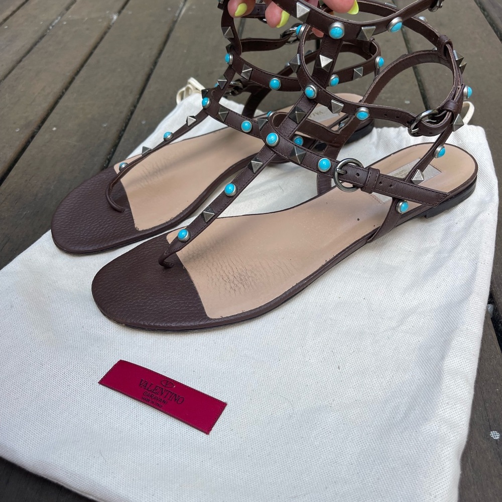 Valentino Garavani Brown Leather Gladiator Sandals with Turquoise Studs